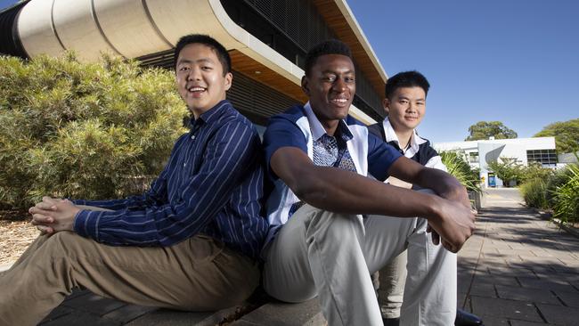 Top scoring International Baccalaureate students. Siyu Cai, St Peter’s College, Enoch Osei-Tutu, Pembroke School and Henry Zhao, St Peter’s College. Picture: Brett Hartwig