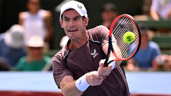 Andy Murray hits a return against Croatia’s Marin Cilic during their men’s singles match at the Kooyong Classic tennis tournament in Melbourne. Picture: AFP