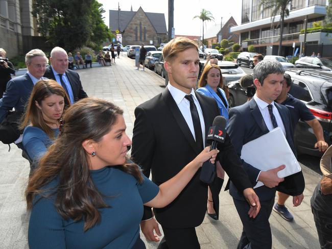 NRL player Jack De Belin leaves Wollongong Courthouse after the jury in his and co-accused Callan Sinclair’s sex assault trial was unable to reach a verdict. Picture: NCA NewsWire / Simon Bullard.