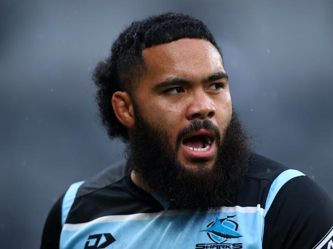 SYDNEY, AUSTRALIA - JULY 02: Siosifa Talakai of the Sharks warms up ahead of the round 16 NRL match between the Canterbury Bulldogs and the Cronulla Sharks at CommBank Stadium on July 02, 2022 in Sydney, Australia. (Photo by Jason McCawley/Getty Images)