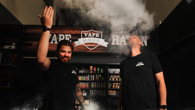 Vape Haven owner Octavian Voegele and Manager Alex Pitchag are worried about national vaping laws that are changing, which will have a massive impact on businesses across the Gold Coast. Photo: Scott Powick Newscorp