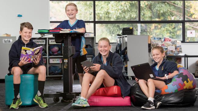 Mont Albert Primary School students Luke Cariss-Brett, Flynn Parker, Ava Dunstan and Ruby Greenwood. Picture: Jake Nowakowski