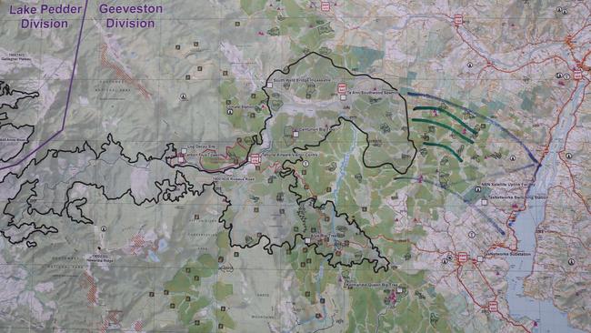 A bushfire modelling map provided to Huon Valley residents at a public meeting in Huonville at 12.30pm on Monday, January 28. 