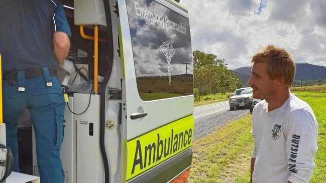 Dad Josh Martin waiting to see his baby boy after stopping behind the ambulance he was following to hospital. Picture: Contributed