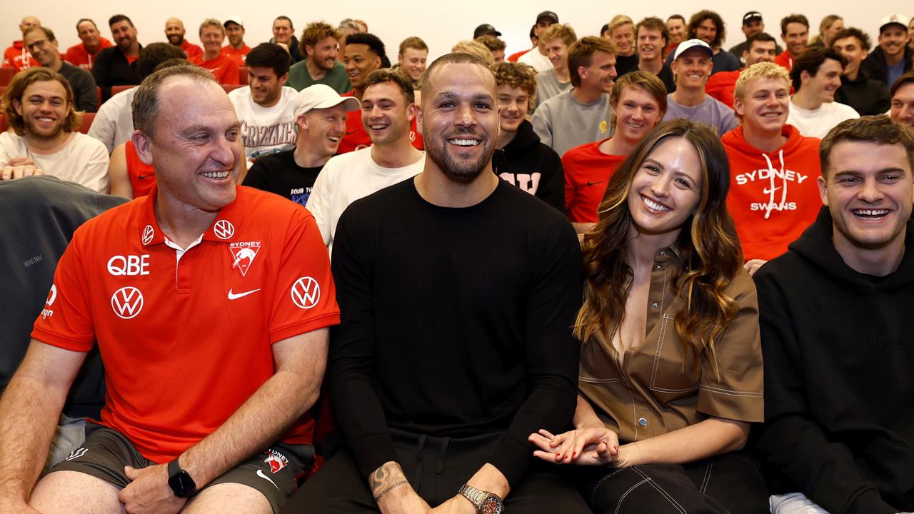 Sydney Swans star Lance Franklin today announced that he will retire from the game effective immediately. Buddy with his coach John Longmire and his wife Jesinta after addressing the players. Photo by Phil Hillyard (Image Supplied for Editorial Use only - **NO ON SALES** - Â©Phil Hillyard )