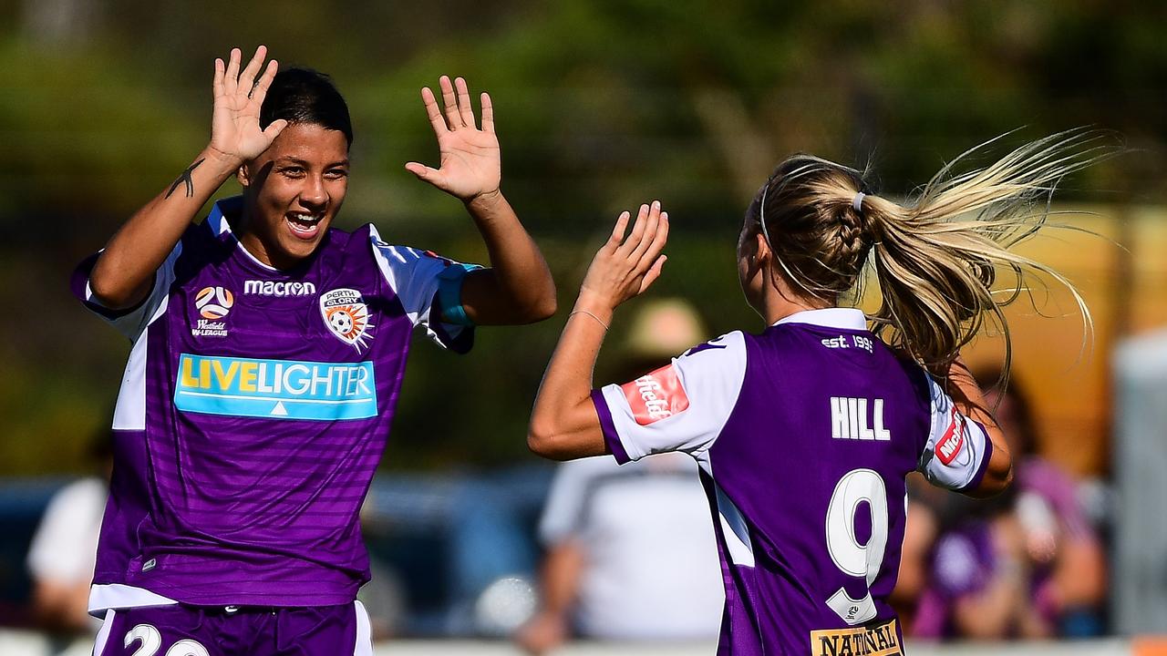 Sam Kerr and Rachel Hill of Perth Glory celebrate