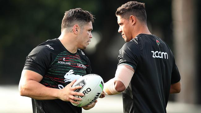 James Roberts and Dane Gagai talk during Rabbitohs training. Image: Phil Hillyard