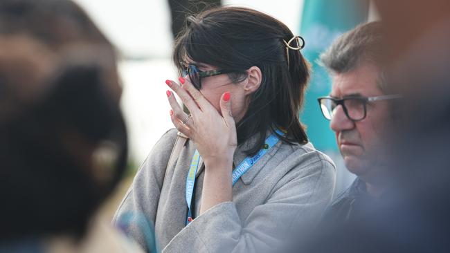 Sister in Law Emeline Gallay sheds a tear at a tribute presentation held for French marathon entrant Florian who died on course last year at the Gold Coast marathon. Picture Glenn Hampson