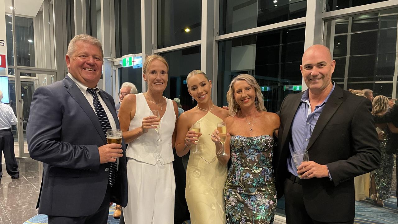 Brendan Sheppard, Dee Gardiner, Aimee Sheppard, Tammy Sheppard, and Pat Gardiner at the Metropolitan Caloundra Surf Life Saving Club 90th Anniversary Gala Ball.