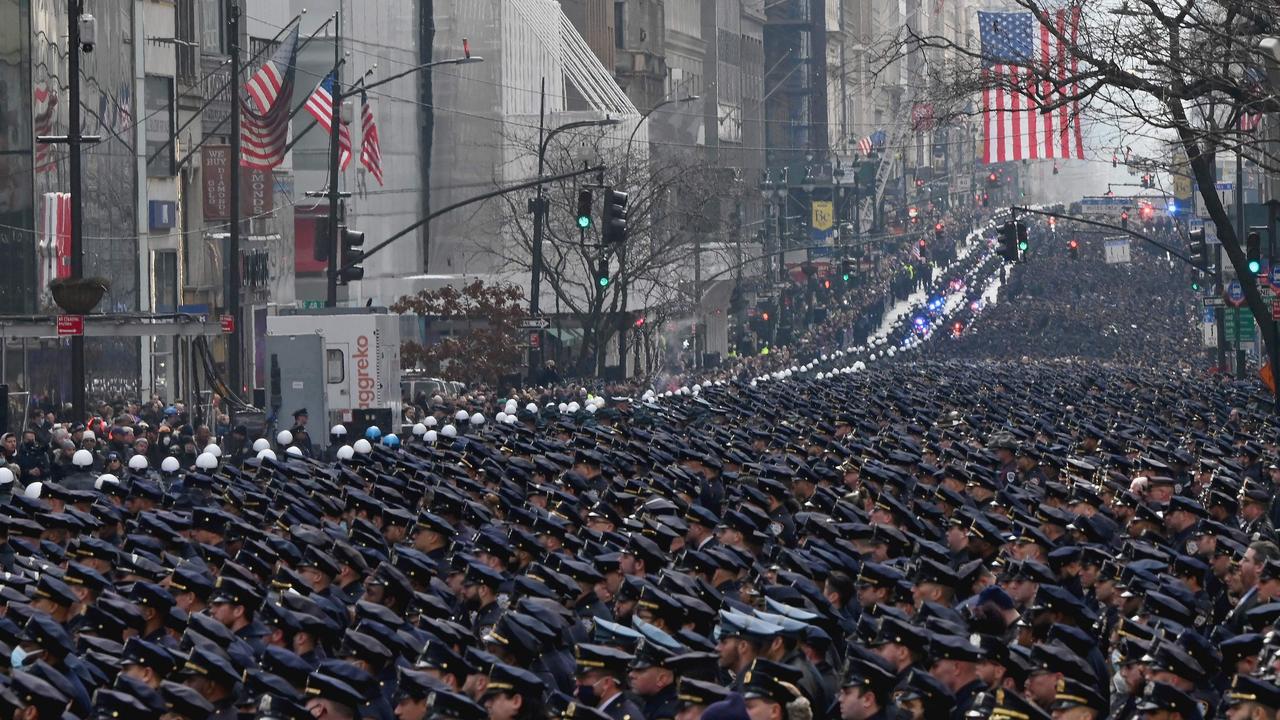 New York police officers gather for the funeral of NYPD officer Wilbert Mora. Picture: Angela Weiss/AFP