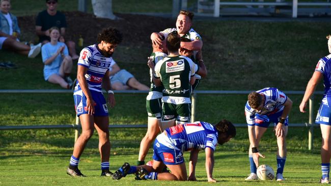 The Jets celebrate hooker Regan Wilde’s vital try in the Rugby League Ipswich preliminary final against Brothers at the North Ipswich Reserve. Picture: Bruce Clayton