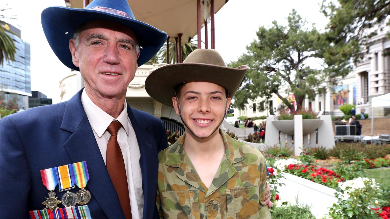 Peter Cochrane marched yearly in the Anzac Day parade. He is pictured here with grandson Tristan, then 14. Picture: Mike Dugdale