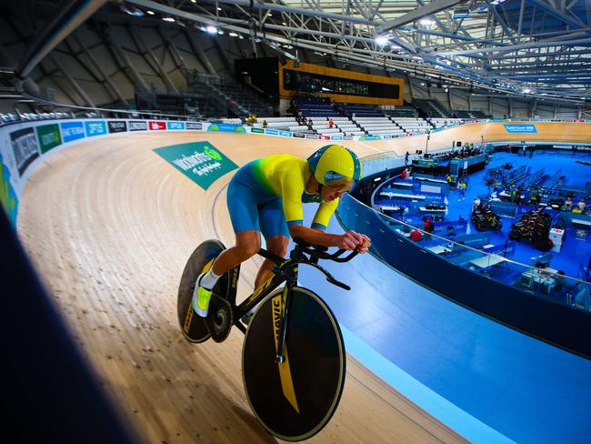 A member of the Australian cycling team trains in preparation for the 2018 Gold Coast Commonwealth Games