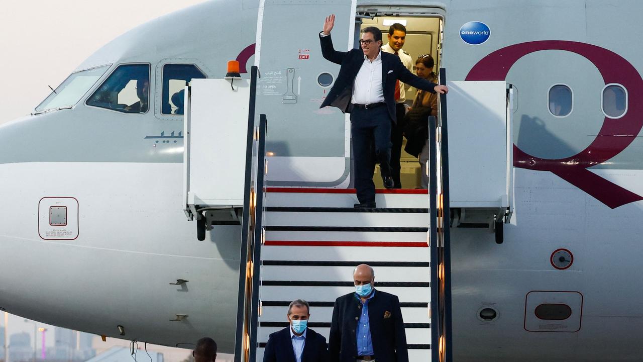 US citizens Siamak Namazi, Emad Sharqi and Morad Tahbaz disembark from a Qatari jet upon their arrival at the Doha International Airporton September 18, 2023. Picture: AFP