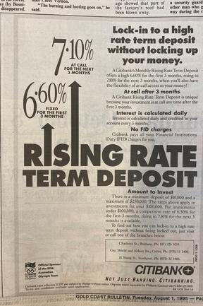 Citibank offered high interest rates. Advertisements in the Gold Coast Bulletin, August 1995. Gold Coast History.