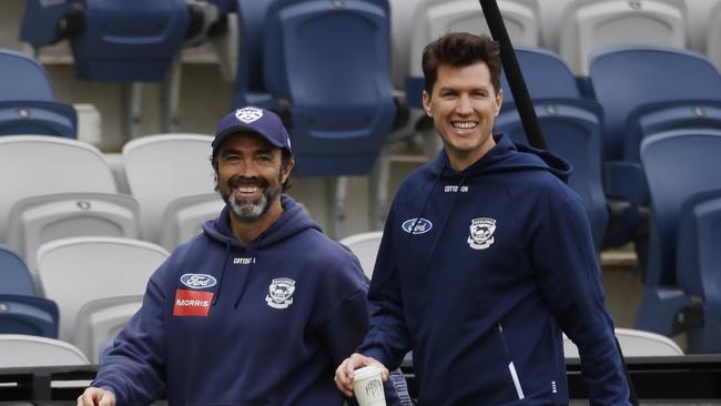 Chris Scott and Andrew Mackie at training before the preliminary final. Picture: Michael Klein