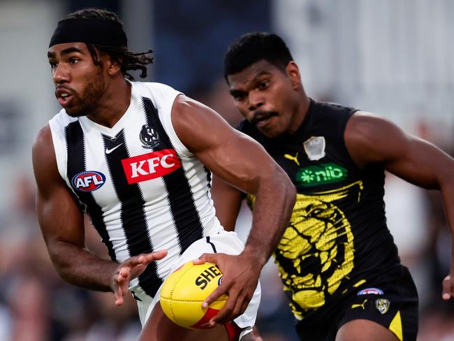 Collingwood premiership defender Isaac Quaynor looked back to his best against Richmond in the Charity Shield match on Wednesday night. Picture: Dylan Burns / Getty Images