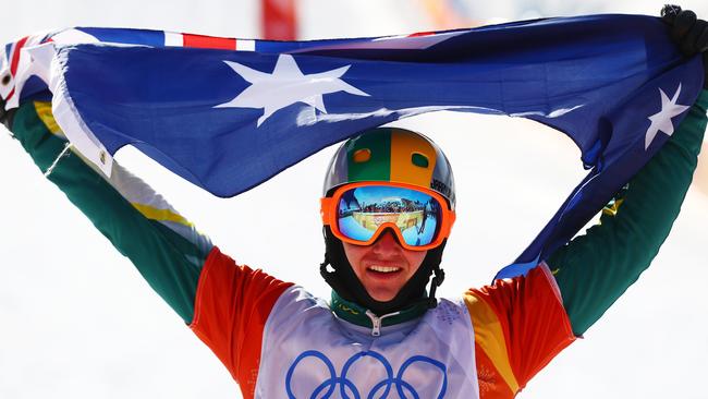 PYEONGCHANG-GUN, SOUTH KOREA — FEBRUARY 15: Jarryd Hughes of Australia celebrates winning silver during the Men's Snowboard Cross Big Final on day six of the PyeongChang 2018 Winter Olympic Games at Phoenix Snow Park on February 15, 2018 in PyeongChang-gun, South Korea. (Photo by Clive Rose/Getty Images)