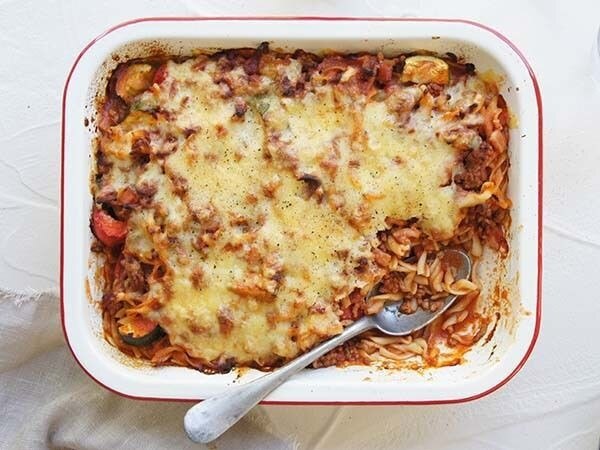 Kids will love the bacon and beef pasta bake.