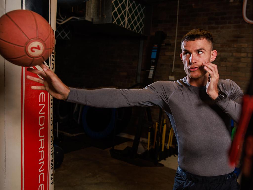 Garside training in a room we’ve dubbed ‘The Dungeon’. Picture: Justin Lloyd.