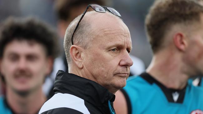 ADELAIDE, AUSTRALIA - JUNE 22: Ken Hinkley, Senior Coach of the Power during the 2024 AFL Round 15 match between the Port Adelaide Power and the Brisbane Lions at Adelaide Oval on June 22, 2024 in Adelaide, Australia. (Photo by James Elsby/AFL Photos via Getty Images)