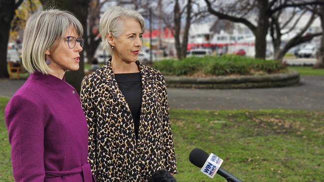Greens health spokeswoman Cecily Rosol and party leader Rosalie Woodruff speak to the media on Parliament Lawns in Hobart on Wednesday, June 19, 2024.