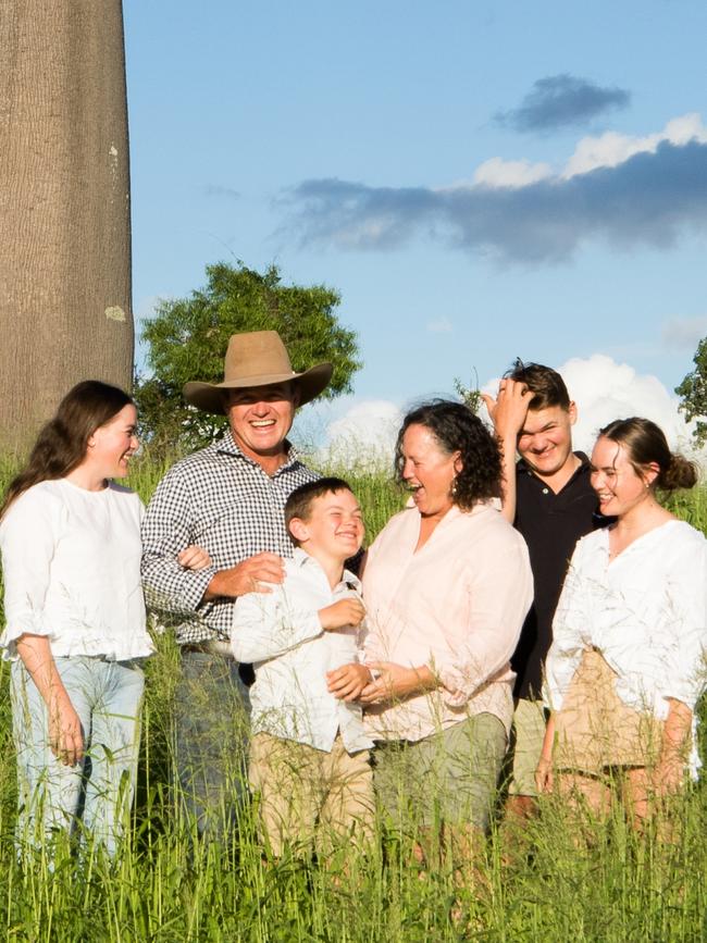 Grant and Carly Burnham with their children Lily, Knox, Quade and Ruby on their Bonnie Doone Beef farm at Monto, Queensland. Picture: Davina Bambrick