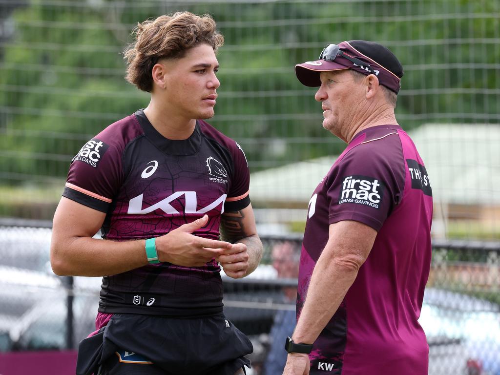 Reece Walsh talking with coach Kevin Walters, Brisbane Broncos training, Red Hill. Picture: Liam Kidston