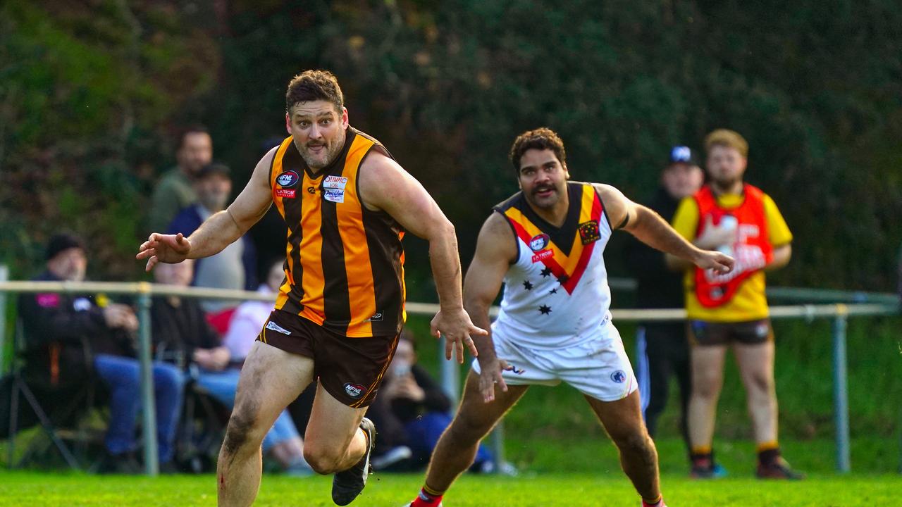 Fev still can’t say goodbye, turning out for the Heidelberg West vs Fitzroy Stars division 3 match on the weekend. Picture: NewsWire / Luis Enrique Ascui