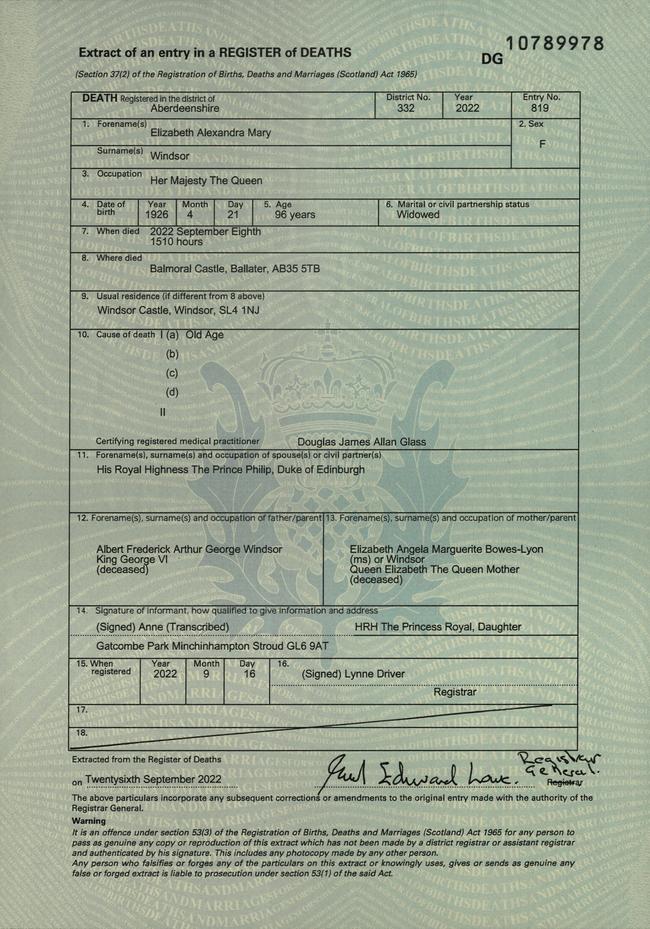 The Queen's death certificate has been released.