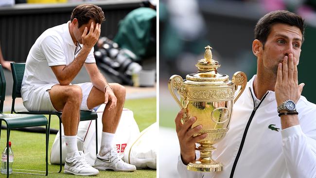 A shattered Roger Federer (left) comes to terms with his WImbledon final loss as Novak Djokovic celebrates with the trophy. Pictures: Agencies