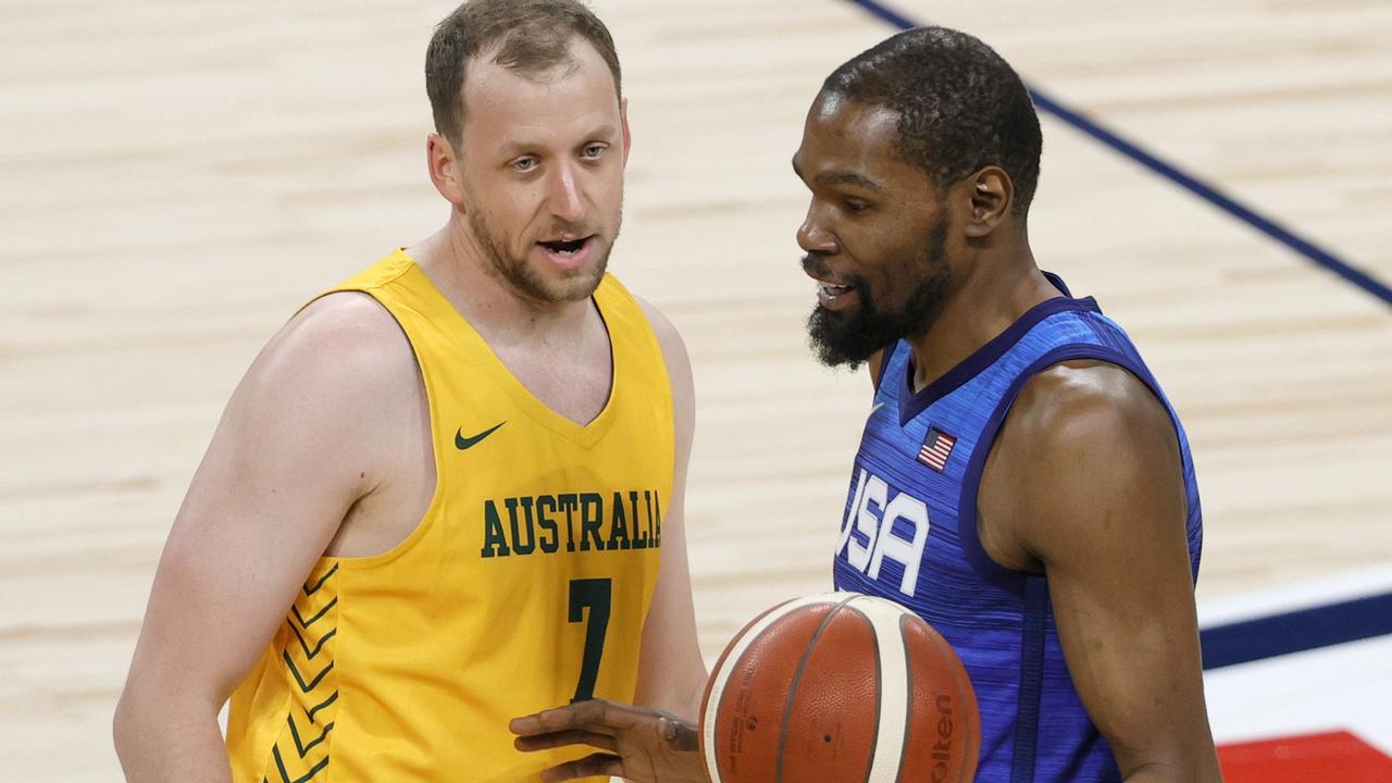 Joe Ingles and US star Kevin Durant during the Australia-US warm-up game