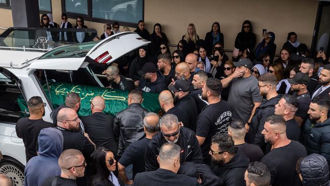 Mourners gather to farewell Sam Abdulrahim at Epping Mosque in Melbourne before his burial at Northern Memorial Park.