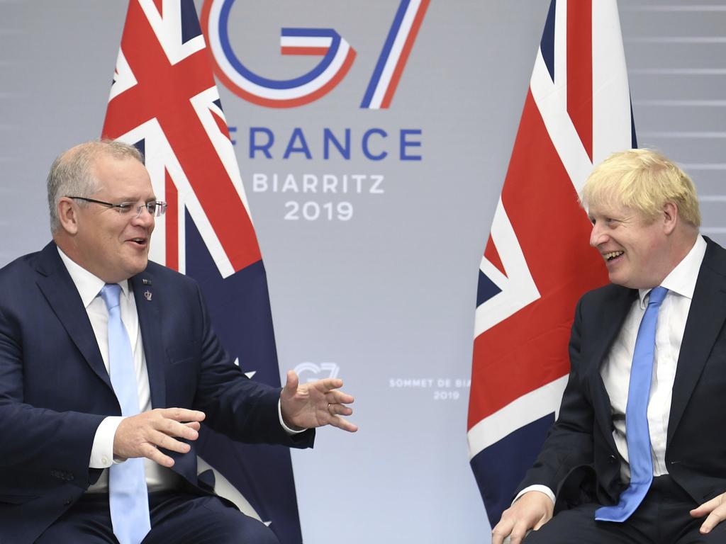 British Prime Minister Boris Johnson, right, meets Australian Prime Minister Scott Morrison for bilateral talks during the G-7 summit in Biarritz. Picture: Neil Hall/PA via AP.