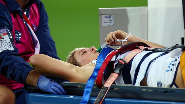 Morrison was stretchered from the field in distress. Picture: Getty Images