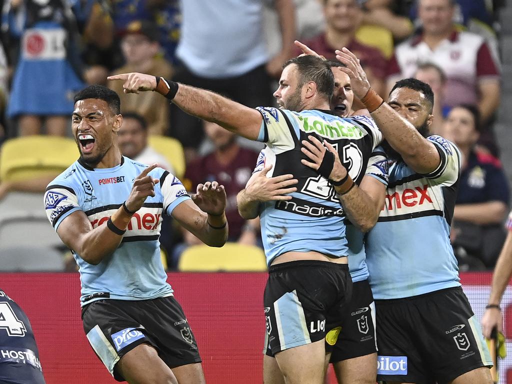 Wade Graham of the Sharks celebrates after scoring a try against the Cowboys. Picture: Ian Hitchcock/Getty Images)