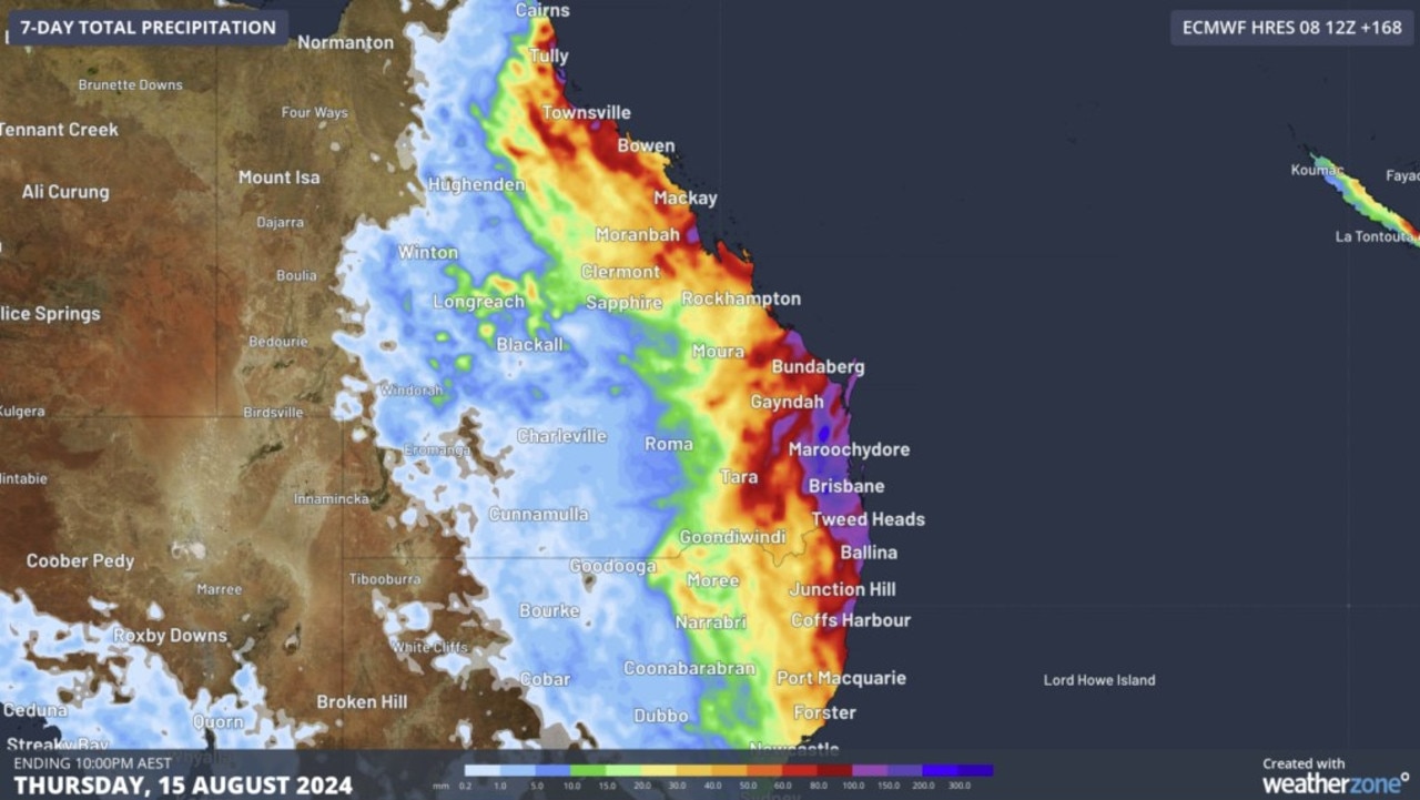 Parts of the Queensland and NSW coasts could cop up to 150mm of rain from the ensuing trough over Tuesday. Picture: Supplied / Weatherzone