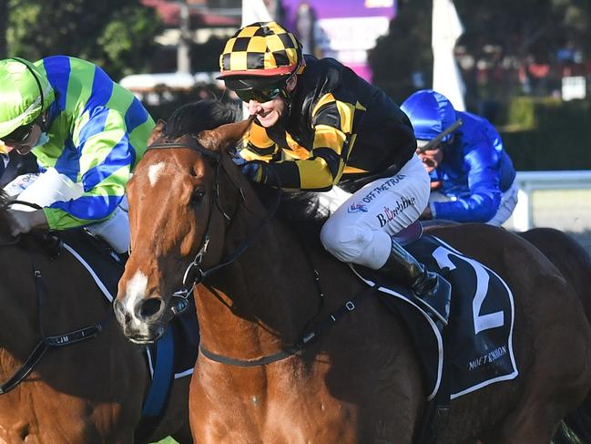 Behemoth ridden by Brett Prebble wins the Mo?t & Chandon Memsie Stakes at Caulfield Racecourse on August 28, 2021 in Caulfield, Australia. (Brett Holburt/Racing Photos via Getty Images)