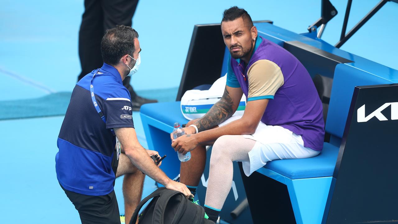 Nick Kyrgios was troubled by soreness during his loss to Croatia’s Borna Coric.