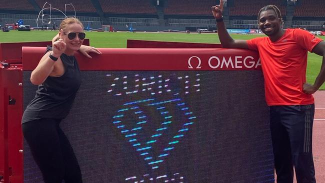 Dr Jo Brown with Noah Lyles celebrating success at the 2022 Zurich Diamond League meet. Picture: Supplied.