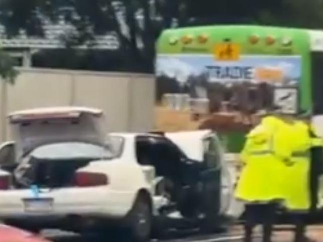 Scene of a crash between a car and a bus in Robina. Picture: 9 Gold Coast News.