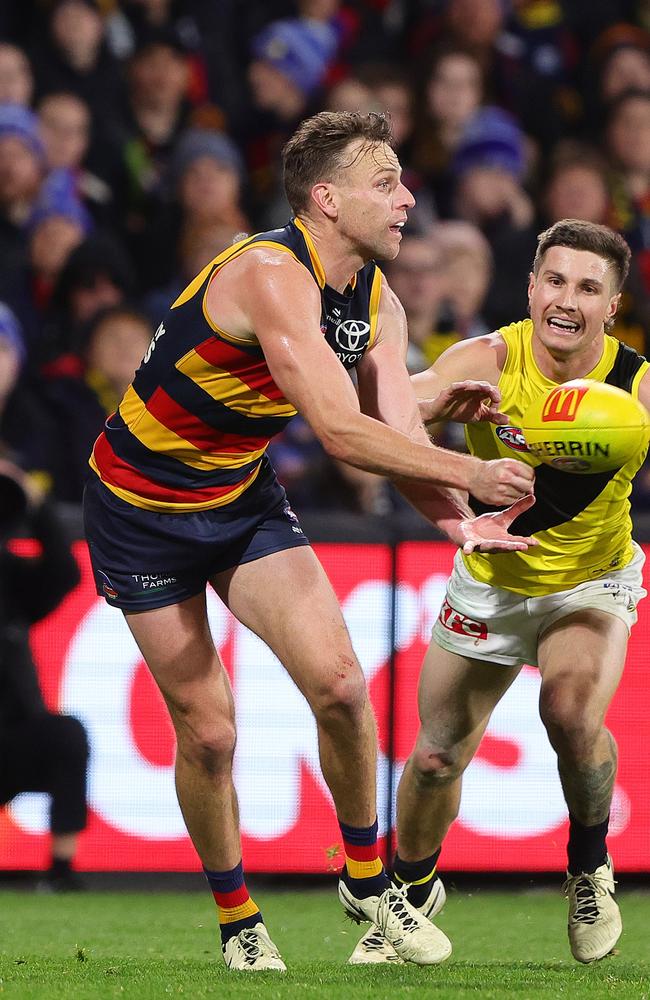 Brodie Smith was solid but not spectacular on return for Adelaide. Picture: Sarah Reed/AFL Photos via Getty Images.