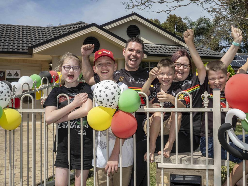 Panthers fans Ben and Taryn Parker with kids, Zachery 15, Natalia 13, Kaleb 10 and Taten 7 pictured outside their home in Penrith. Picture: Monique Harmer