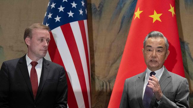 US national security adviser Jake Sullivan with Chinese Foreign Minister Wang Yi in Beijing. Picture:Ng Han Guan / POOL / AFP