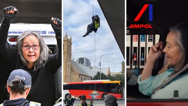 Protester Meme Thorne, who brought Adelaide to a standstill, has acted in an Ampol advert highlighting the fuel supplier’s rebranding. Pictures: Brenton Edwards/Facebook/Ampol