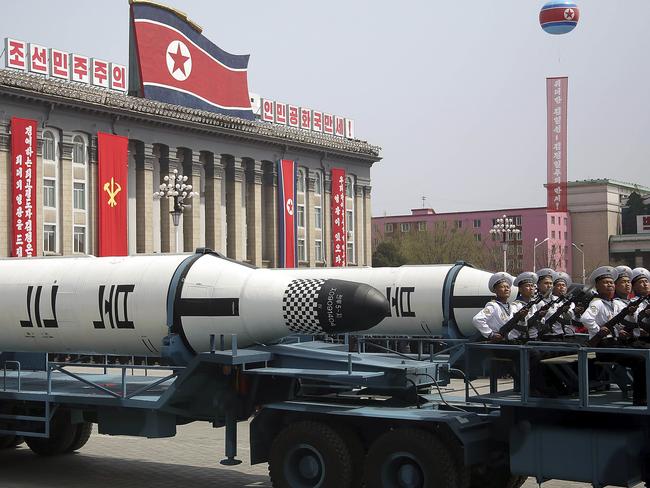 A submarine missile is paraded across Kim Il Sung Square during a military parade in Pyongyang, North Korea to celebrate the 105th birth anniversary of Kim Il Sung. Picture: AP