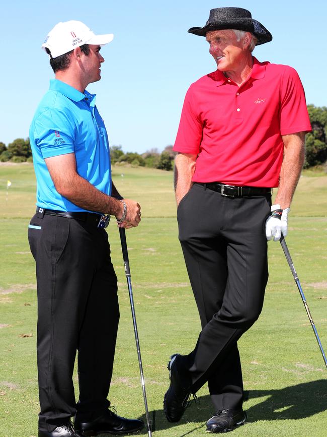 Antonio Murdaca with Greg Norman at the NSW Golf Club. Murdaca plays golf regularly with Miron Bleiberg.