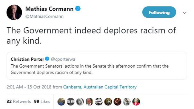 Mathias Cormann tweeted apparently showing support for the motion. Picture: Twitter.