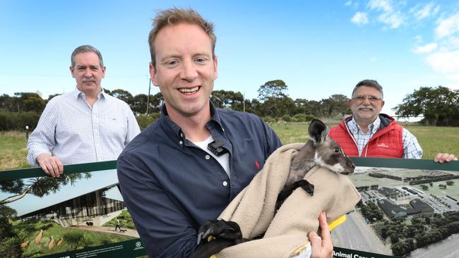 Environment Minister David Speirs with Freckles, Davenport MP Steve Murray and RSPCA president Rob Dimonte. Picture: Dean Martin