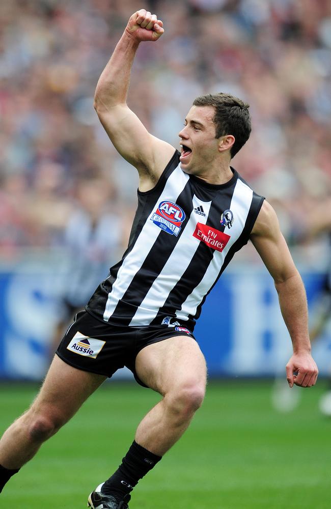 Jarryd Blair celebrating a goal for the Magpies.